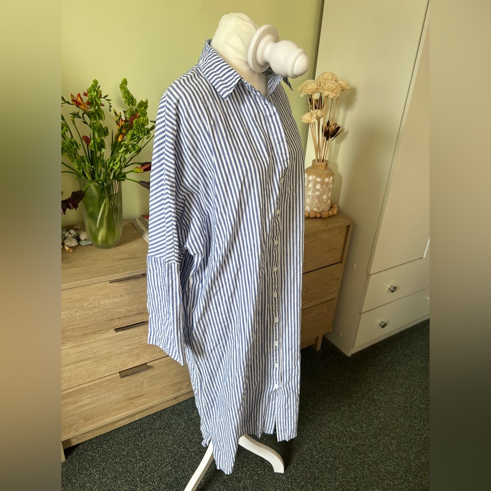 Blue & White Stripe Button Down Drop Shoulder Gauzy Airy Flowy Beach Midi Dress - Picture 9 of 15